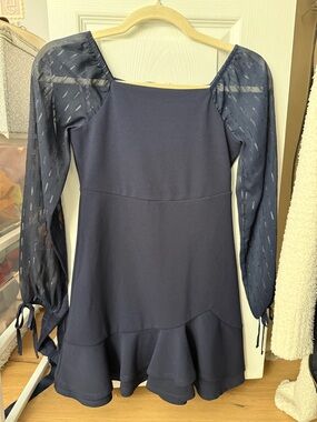 Rare Editions Navy Sheer-Sleeve Ruffle Hem Dress